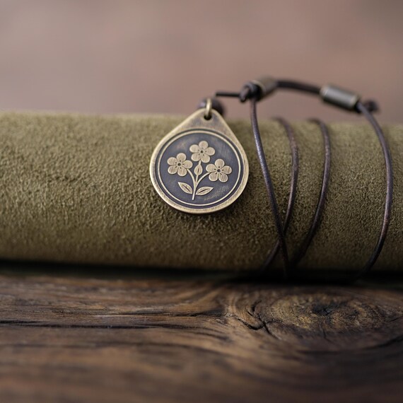 Buttercup Flower Necklace/Pendant. Made from Solid Brass with Adjustable/Sliding Leather Cord.