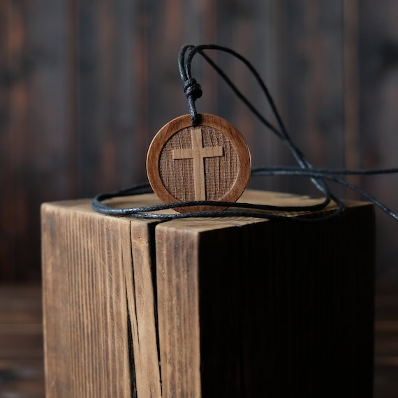 Cross Necklace/Pendant, Round Solid Wood.  Cross Symbol Jewelry, Cross Wooden Pendant. Wooden Cross.