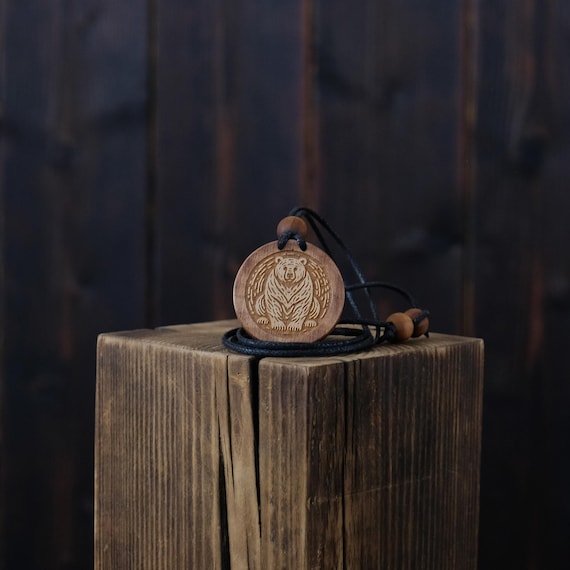 Bear Wooden Necklace/Pendant. Made from solid sycamore wood. Round shape. Brown colour. Adjustable cotton cord.