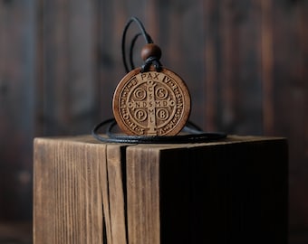 Saint Benedict Medal Necklace/Pendant, Round Solid Wood.  Exorcist Christian.  Christian Symbol.