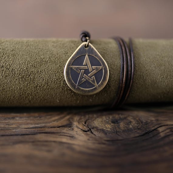Pentacle Necklace/Pendant. Made from Solid Brass with Adjustable/Sliding Leather Cord.