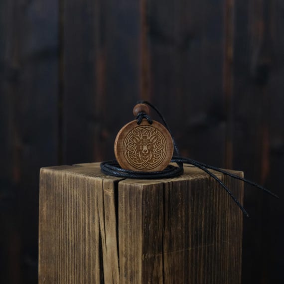 Deer Wooden Necklace/Pendant. Made from solid sycamore wood. Round shape. Brown colour. Adjustable cotton cord.