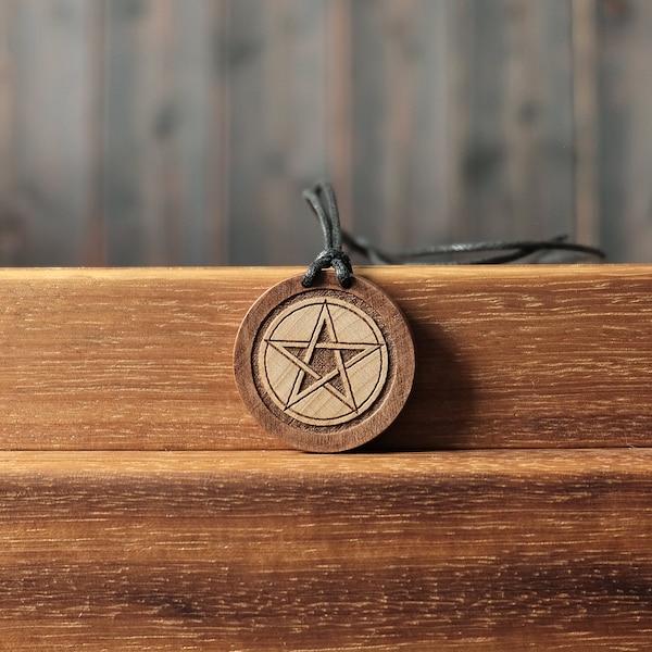 Pentacle Necklace/Pendant, Round Solid Wood. Talisman. Pentacle Symbol Jewelry. Spiritual Protection Amulet.