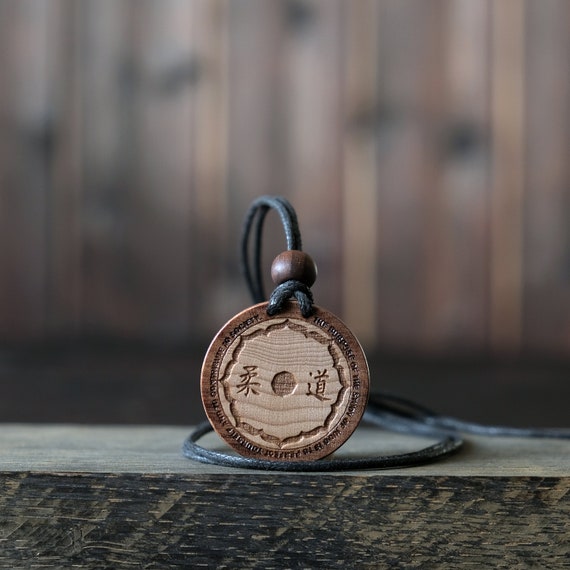 Wood Necklace-Judo Pendant, Martial Art Necklace, Made from solid sycamore wood. Round shape. Brown color. Adjustable cotton cord.