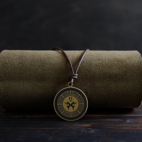 Pan Necklace-Greek God Pendant-  God of the Wild Necklace. Made from solid brass. Round shape. Brass color. Adjustable leather cord.