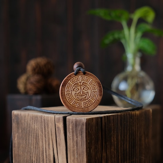 Ancient Greece Gorgon Necklace-Greek Symbol Pendant. Ancient Greece Wooden Jewelry. Made from solid wood. Brown color. Adjustable cord.
