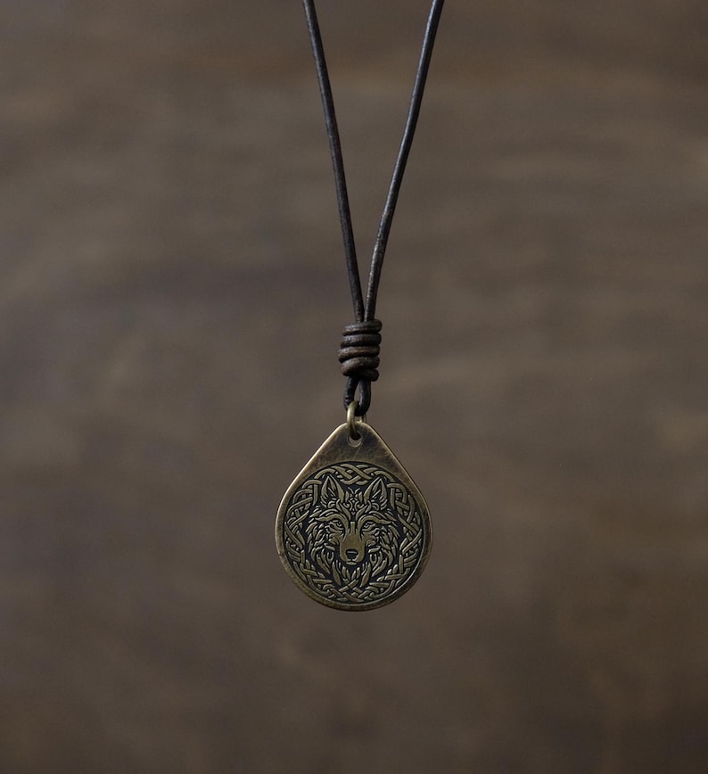 Celtic Wolf Necklace/Pendant. Made from Solid Brass with Adjustable/Sliding Leather Cord. image 2