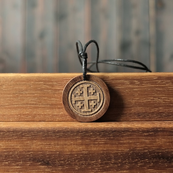 Jerusalem Cross Necklace/Pendant, Round Solid Wood. Cross necklace.  Christian Symbol. Crusader's cross,  Five-Fold Cross.