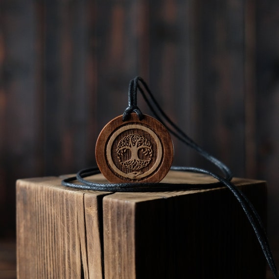 Ouroboros symbol Necklace, Round Solid Wood. Wicca necklace. Wicca wooden pendant.