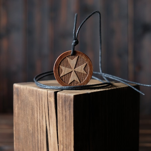 Knights Hospitaller Cross, Necklace/Pendant, Round Solid Wood.  Hospitaller cross.  Maltese cross.