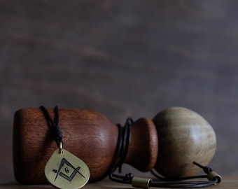 Freemason Brass Pendant Necklace | Masonic Square & Compass Symbol | Solid Brass Teardrop Charm | Adjustable Leather Cord | Gift for Mason
