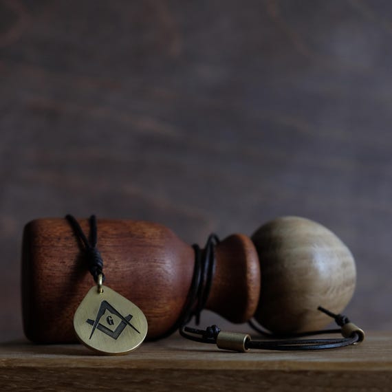 Freemason Brass Pendant Necklace | Masonic Square & Compass Symbol | Solid Brass Teardrop Charm | Adjustable Leather Cord | Gift for Mason