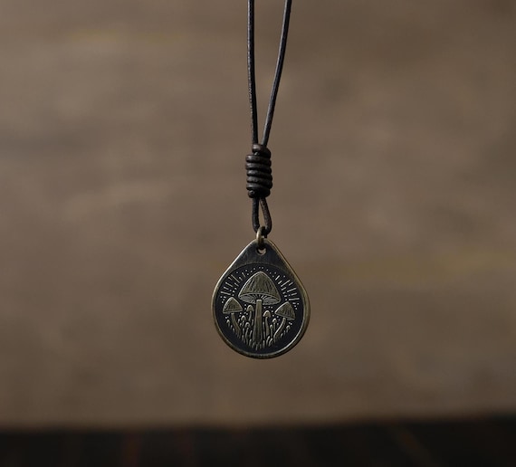 Mushrooms Necklace/Pendant. Made from Solid Brass with Adjustable/Sliding Leather Cord.