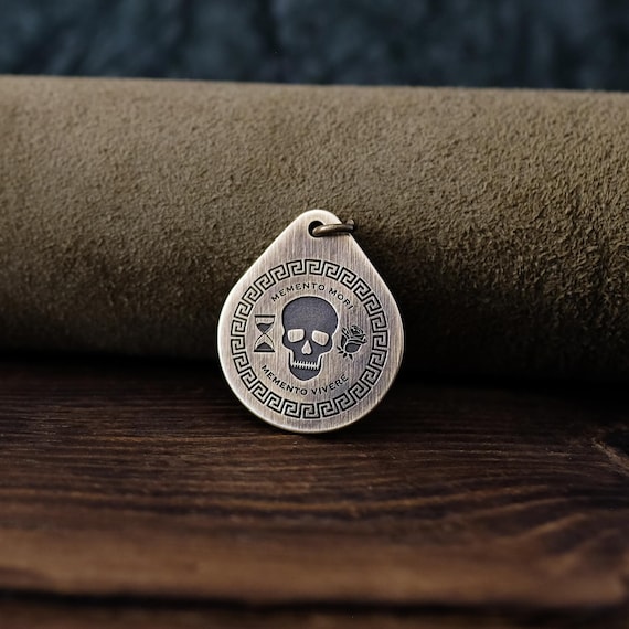 Memento Mori-Memento Vivere Stoic Necklace/Pendant. Made from Solid Brass with Adjustable/Sliding Leather Cord.