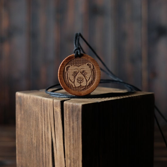 Bear Necklace/Pendant, Round Solid Wood. Bear Head Jewelry. Bear Spirit Animal.