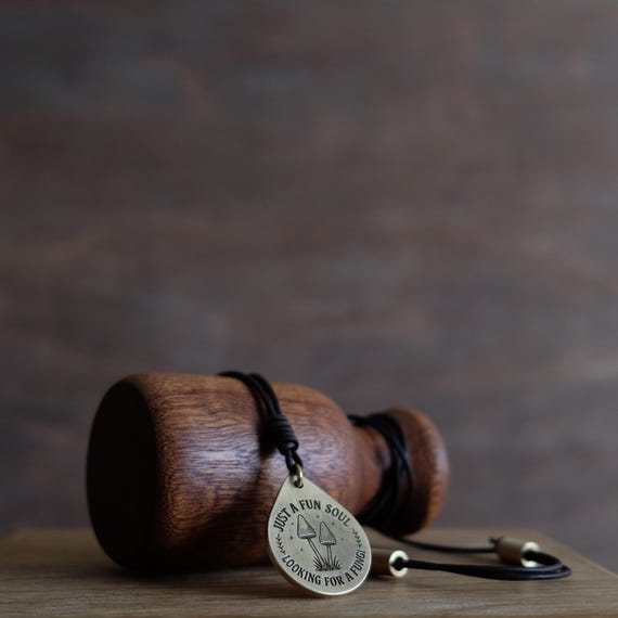 Just a Fun Soul Looking for a Fungi” Brass Pendant | Mushroom Necklace | Quirky Gift | Solid Brass Jewelry with Adjustable Leather Cord