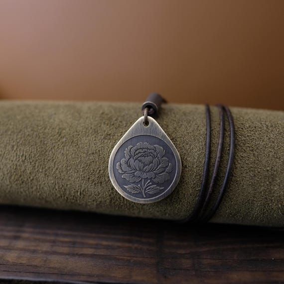 Peony Flower Necklace/Pendant. Made from Solid Brass with Adjustable/Sliding Leather Cord.