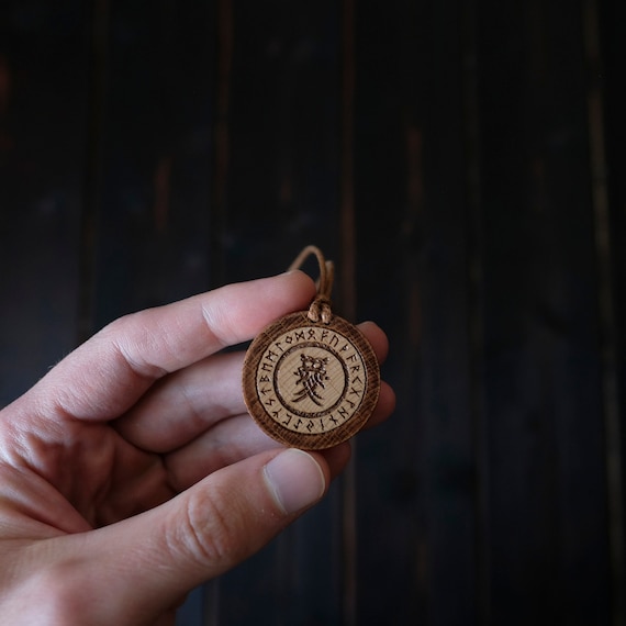 Odin Mask Necklace/ Pendant. Made from Solid Wood. Brwon Color, Round Shape.