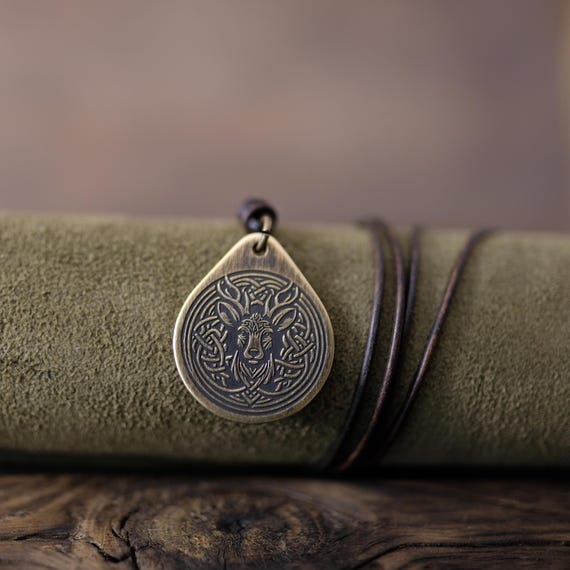 Celtic Deer Necklace/Pendant. Made from Solid Brass with Adjustable/Sliding Leather Cord.