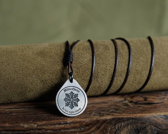 Christian Cross Titanium Pendant — Faith Strength, Leather Cord, Brass Beads
