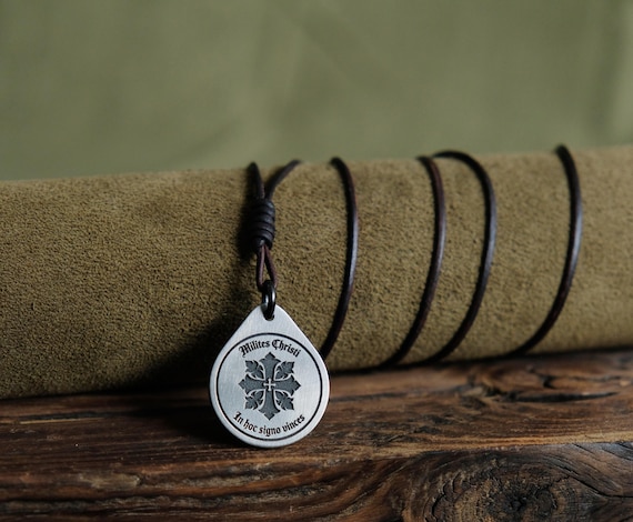 Christian Cross Titanium Pendant — Faith Strength, Leather Cord, Brass Beads