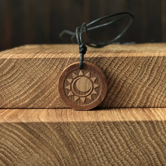 Sun and Moon Necklace/Pendant, Round Solid Wood. Solar Symbol Jewelry, Sun Moon Charm, Sun & Moon Symbol Jewelry.