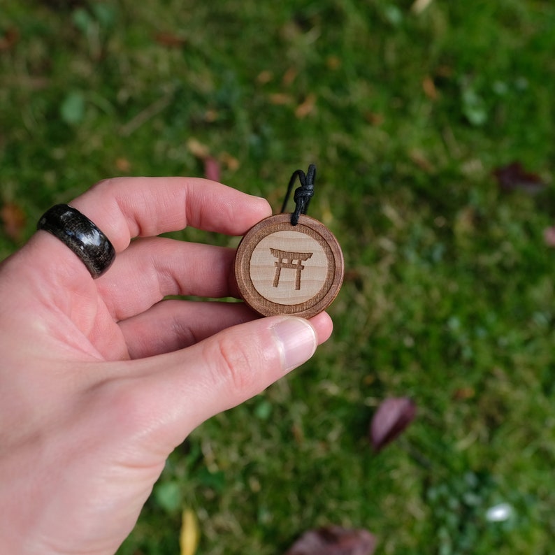 Wood Necklace-Torii Necklace, Shinto Gate Pendant, Japanese Gate Symbol Solid Wood Pendant. Brown Shinto Gate. Shinto Shrine Symbol. image 3
