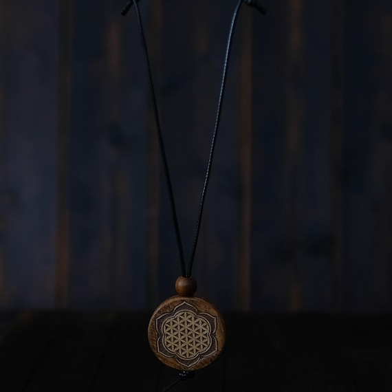 Wooden Necklace-Flower of Life Made From  Solid Sycamore Wood Pendant Talisman. Round shape. Brown colour. Adjustable  cord.
