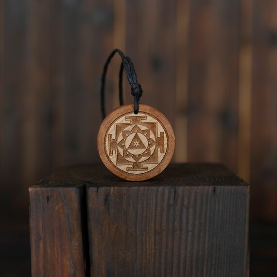 Wood Necklace-Ganesha Yantra Pendant, Yoga Meditation Necklace -Yantra Sacred Geometric Pendant Amulet. Handmade Spiritual Wooden Necklace.
