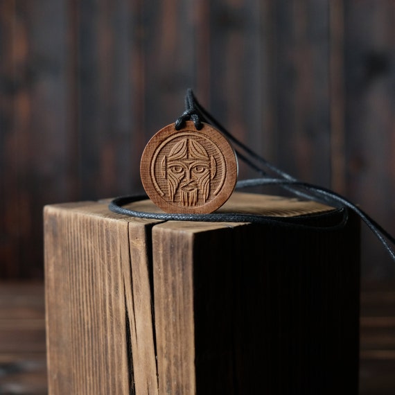 Celtic Lugh God, Round Solid Wood. Celtic mythology necklace. Celtic wooden pendant. Irish folklore jewelry.