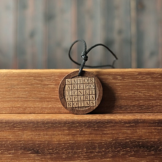 Sator Square Necklace/Pendant, Round Solid Wood. Spiritual necklace.   Christian symbolism wooden pendant.