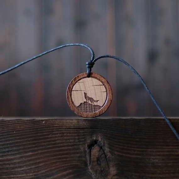 Wolf Silhouette Round Shape Brown Color Wooden Necklace/Pendant.
