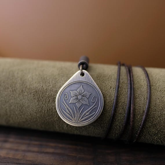 Daffodil Flower Necklace/Pendant. Made from Solid Brass with Adjustable/Sliding Leather Cord.