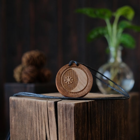 Seax Wicca symbol Necklace, Round Solid Wood. Wicca necklace. Wicca wooden pendant.