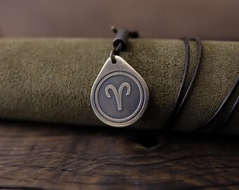 Zodiac Necklace/Pendant. Made from Solid Brass with Adjustable/Sliding Leather Cord.