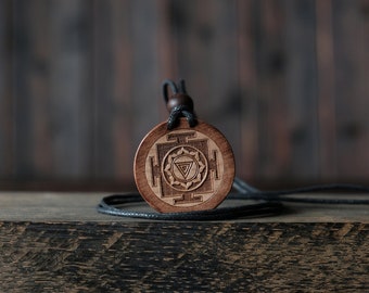 Handmade Kali Yantra Wood Pendant, Spiritual Meditation Necklace