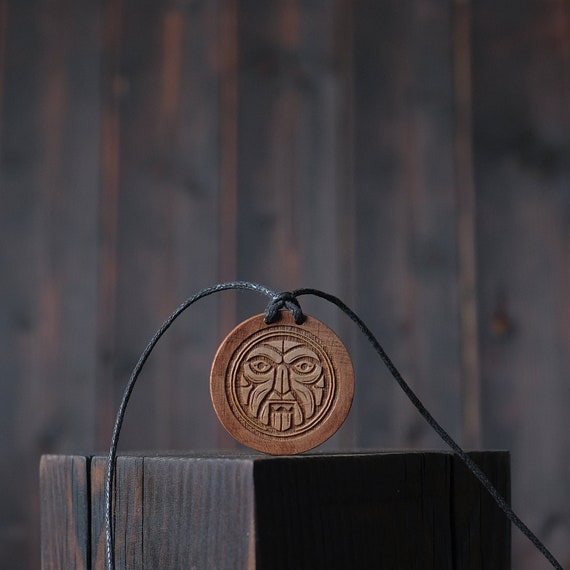 Celtic Dagda God, Round Solid Wood. Celtic mythology necklace. Celtic wooden pendant. Irish folklore jewelry.