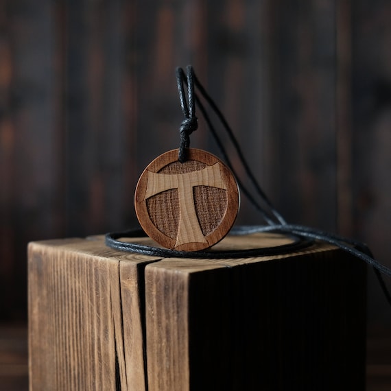 Tau Cross Necklace/Pendant, Round Solid Wood. Saint Anthony's cross necklace.  Christian Symbol. Crux commissa.