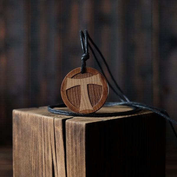 Tau Cross Necklace/Pendant, Round Solid Wood. Saint Anthony's cross necklace.  Christian Symbol. Crux commissa.