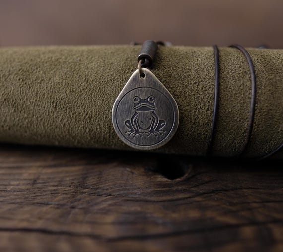 Frog Necklace/Pendant. Made from Solid Brass with Adjustable/Sliding Leather Cord.