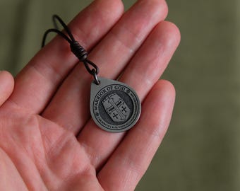 Warrior of God Titanium Pendant — Christian Cross, Leather Cord, Brass Beads