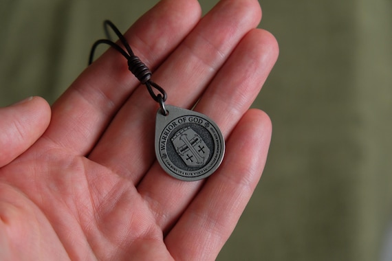 Warrior of God Titanium Pendant — Christian Cross, Leather Cord, Brass Beads