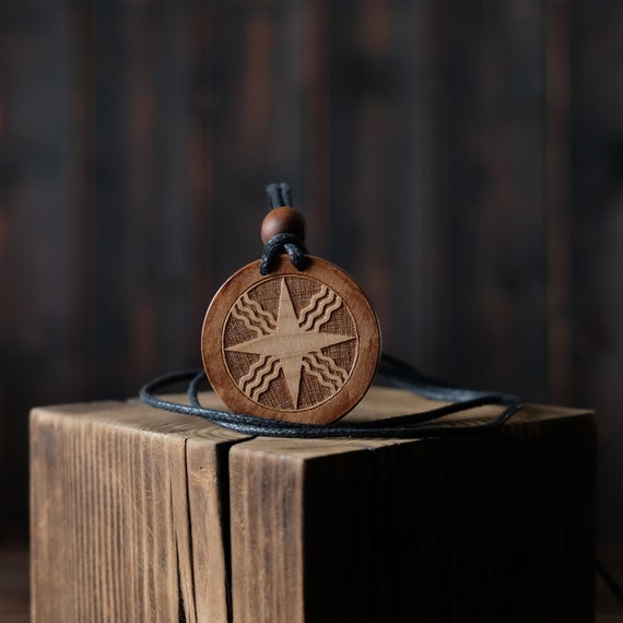 Star of Shamash Necklace/Pendant. Made from solid sycamore wood. Round shape. Brown color. Adjustable cotton cord.