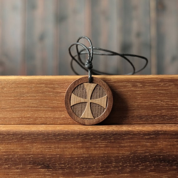 Templar Cross Necklace/Pendant, Round Solid Wood.  Cross of the Knights Templar.  Christian Symbol.