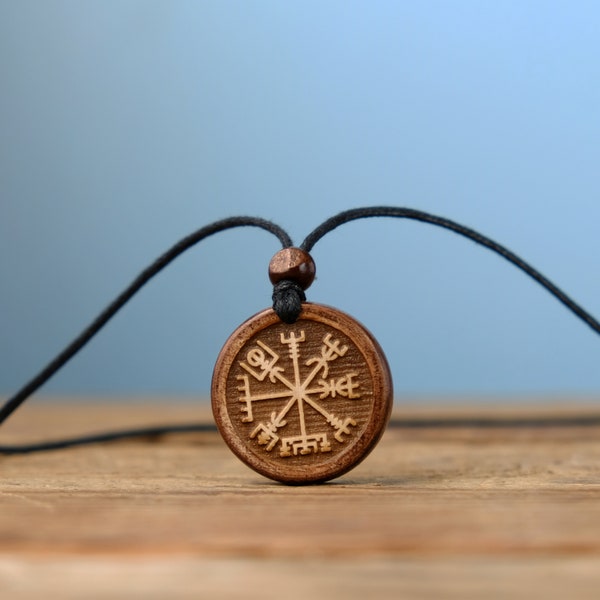 Wood Necklace-Vegvisir Pendant-Compass Necklace-Norse Mythology-Woodburned Pendant-Viking Compass-Rune Compass- Viking Gifts- Vegvisir.