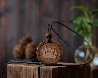 Wood Necklace-Bear Spirit Necklace Handmade Pendant. BearTotem, Bear Jevellery, Animal Spirit Gift. White Bear Footprint. Animal Lover Gift.