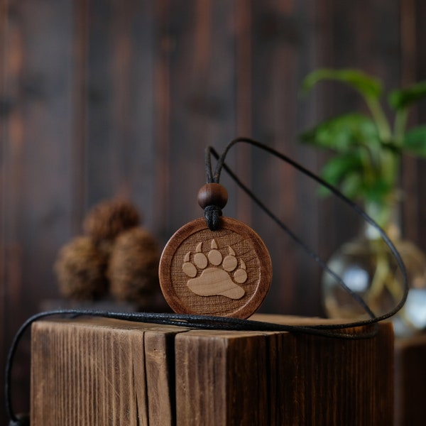 Wood Necklace-Bear Spirit Necklace Handmade Pendant. BearTotem, Bear Jevellery, Animal Spirit Gift. White Bear Footprint. Animal Lover Gift.