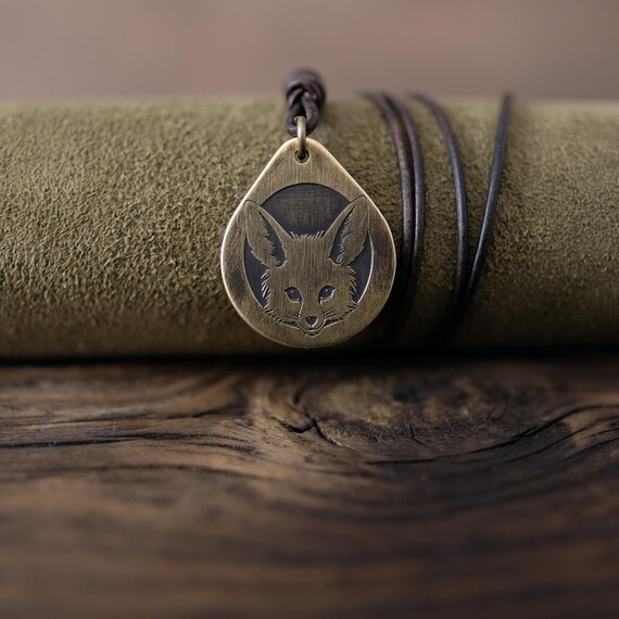 Fennec Fox Necklace/Pendant. Made from Solid Brass with Adjustable/Sliding Leather Cord.