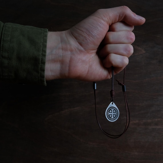 Jerusalem Cross Necklace/Pendant. Made from Solid Titanium with Adjustable/Sliding Leather Cord.