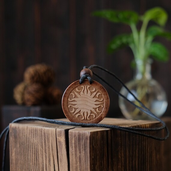 Sun Symbol Necklace/Pendant, Round Solid Wood. Solar Symbol Jewelry, Sun Charm, Sun Symbol Jewelry.